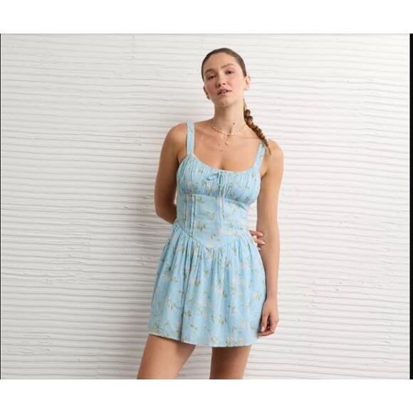 American Eagle AE Light Blue Floral Tie Front Corset Pocket Mini Dress - L - Picture 2 of 9